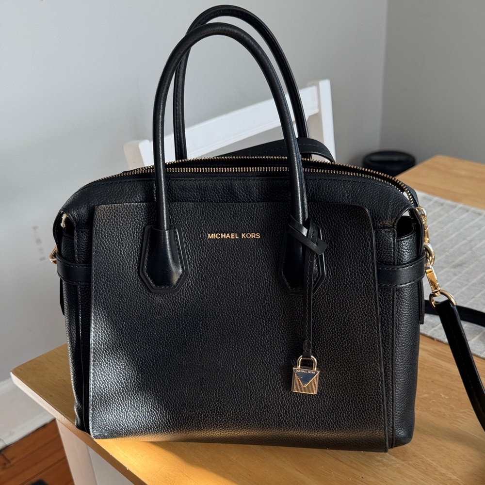 Michael Kors Black Leather Satchel with Gold Accents